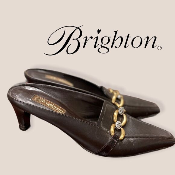Brighton "Tosca" Brown Leather Heeled Mules 8 - Picture 1 of 5